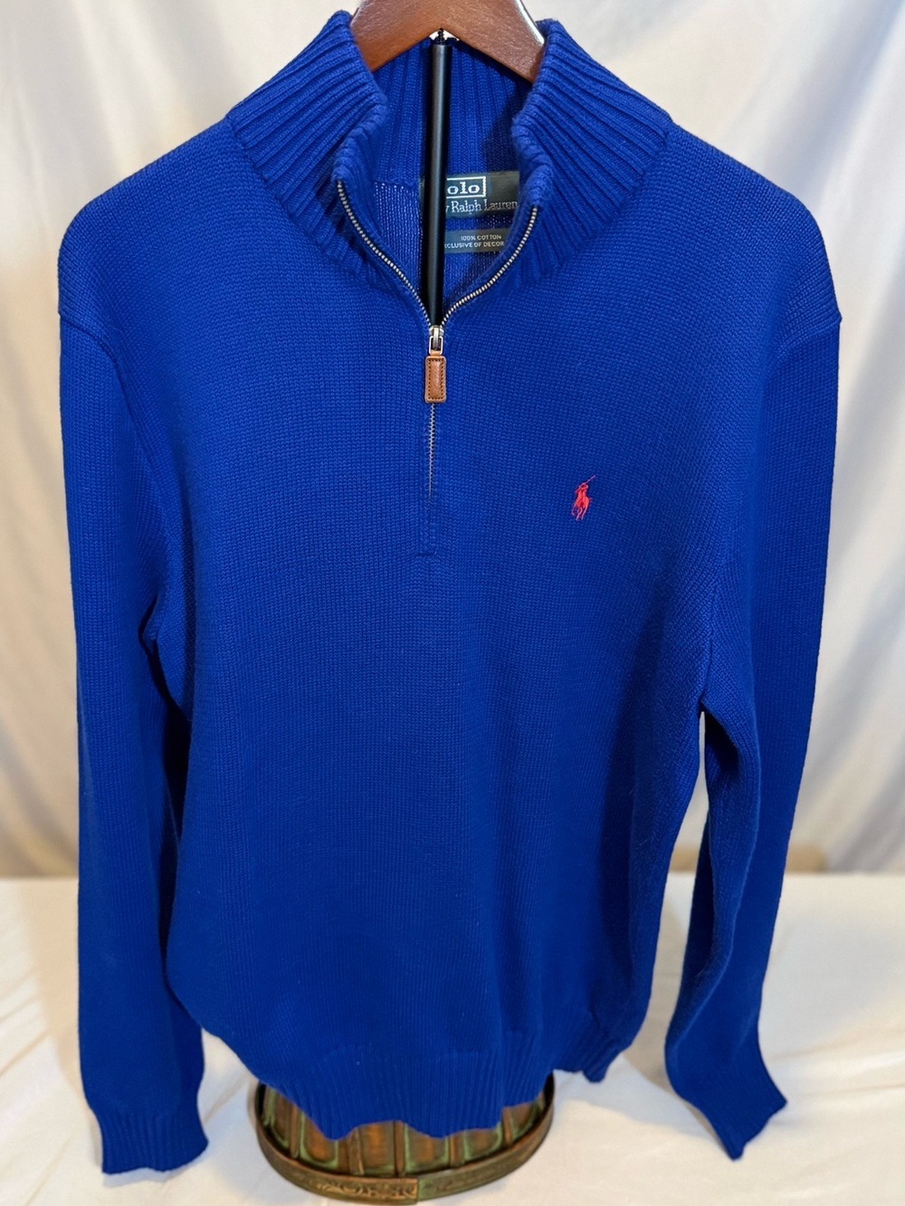 Ralph Lauren Men’s Cobalt Blue 1/4 Zip Sweater with Red Polo Logo Size Large (01